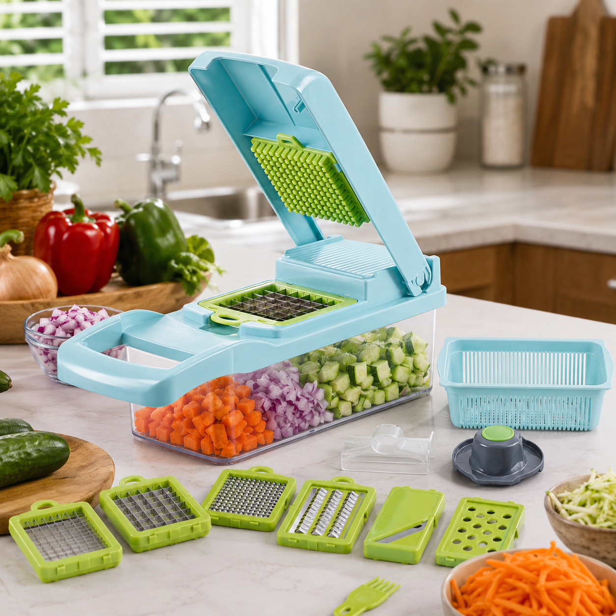 CORTADOR DE VEGETALES Y FRUTAS CON ACCESORIOS MULTIFUNCIÓN